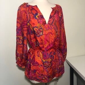Lauren Ralph Lauren 100% Silk Blouse SMALL Boho Colorful Festival Belted Tassels